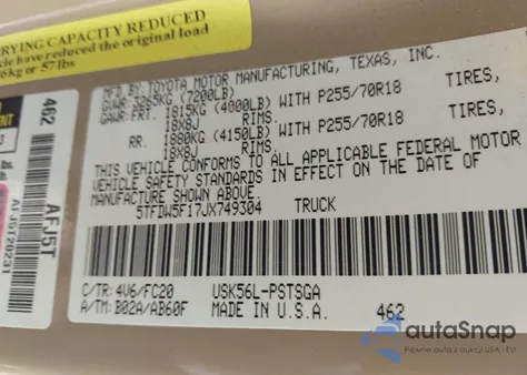 2018 Toyota Tundra Sr5 5.7L V8 z USA, uszkodzony, nr VIN 5TFDW5F17JX749304